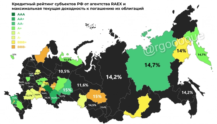 Картограмма: Кредитный рейтинг субъектов РФ от RAEX и максимальная текущая доходность к погашению их облигаций