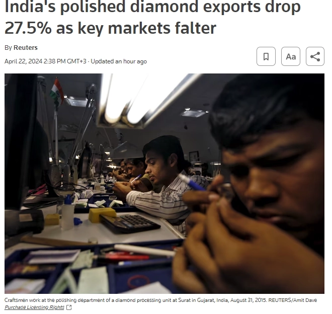 Экспорт бриллиантов из Индии в 2023/24гг упал на 27,5% из-за вялого спроса со стороны США, Китая и ОАЭ — Reuters