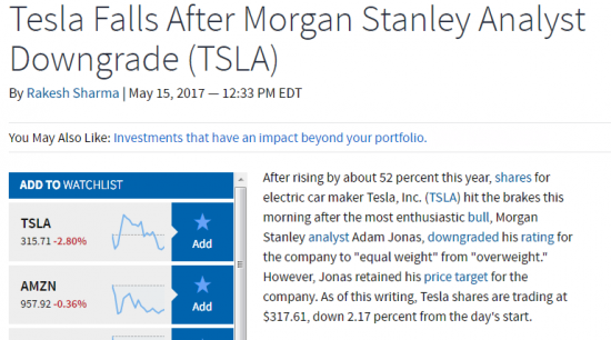 Ну вот и все. Теслу начали сливать. Morgan Stanley понизил рейтинг, -5%.