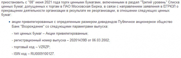 С 8 июня на Мосбирже приостанавливаются торги привилегированными акциями Банка Возрождение
